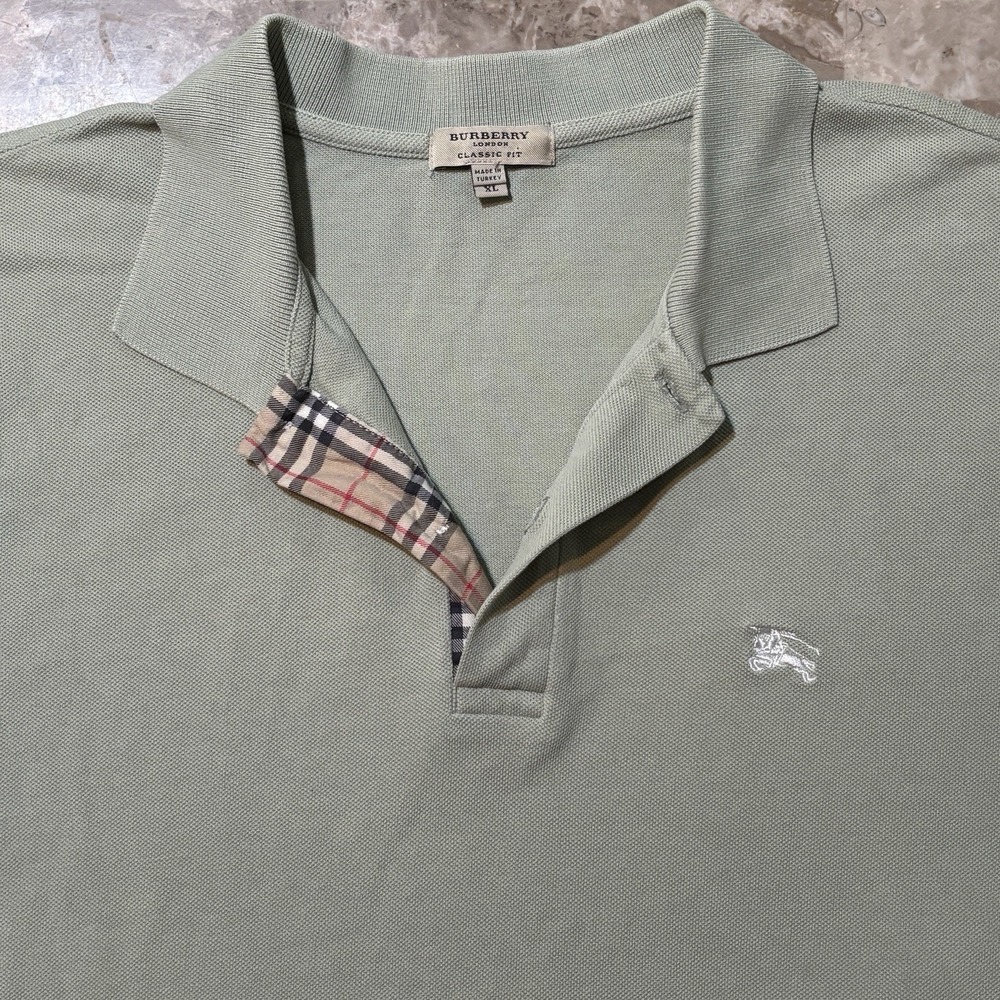 Burberry London Polo Shirt Mens XL Sage Green Nova Check Trim Pique Mesh
